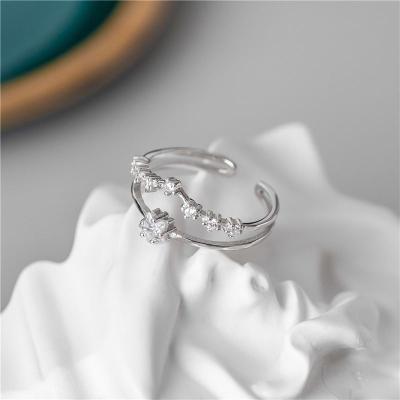 China Nickel free lead free responsive v shape s925 zircon ring 925 sterling silver open cuff ring geometric silver crystal star CZ double layer for sale