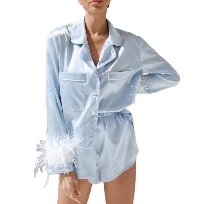 China QUICK DRY Women Designer Long Sleeve Feather Cuff Party Female Walkout Pijama 2 Piece Pajama Sets for sale