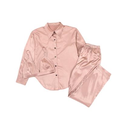 China 3 Pieces QUICK DRY European Satin Shirt Lapel Cami Long Pants Pajamas Set Lounge Wear Silk Women's 3 Piece Sleepwear for sale