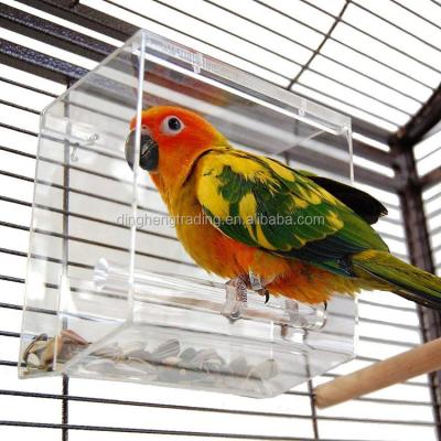 China Crystal Clear Acrylic Hanging No-Mess Viable Bird Accessories Feeders And Drinks Cage For Parrot for sale