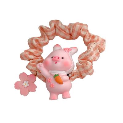 China Cute Pink Ponytail Holder Resin Pig Plaid Hair Scrunchie Hair Tie Hair Scrunchies Girls Elastic Bracelet for sale