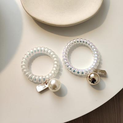 China PVC Women Solid Colors Pearl Phone Rope Hair Ties Ponytail Holders Traceless Elastic Hair Band for sale