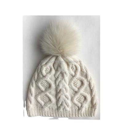 China T125-2 COMMON Soft Stretch Cable Knit Hat Faux Fur Pom Pom Beanie Hat for sale