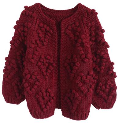 China Ladies Girls Anti-pilling Burgundy Yarn Open Front Balls Trimmed Heart Shape Pattern Hand Knitted Cardigan for sale