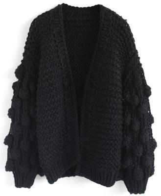 China Custom Made Ladies Anti Pilling Black Slouchy Oversized Knit Pom Pom Long Sleeve Sweaters Cardigan for sale