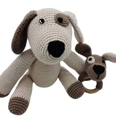 China Wholesale Kids Gift Crochet Baby Dog Rattle Cotton Stuffed Dog Teething Toys With Custom Colors for sale