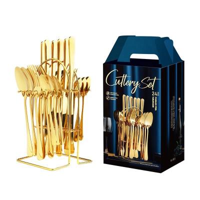 China Gift Box Gold Stainless Steel Flatware Cutlery Set 24pcs Viable Hanging Set With Metal Rack Holder for sale