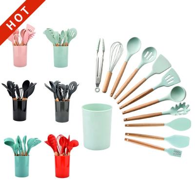 China 12pcs Viable in 1 Set Wooden Handle Kitchenware Stick Accessories Silicone Non Cooking Kitchen Utensil Set Tools with Holder Box for sale