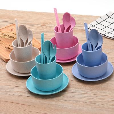 China Wholesale Sustainable Biodegradable Wheat Straw Cups Roll Dishes Wheat Straw Tableware Sets Tableware With Child Spoon Fork Plastic Chopstick for sale