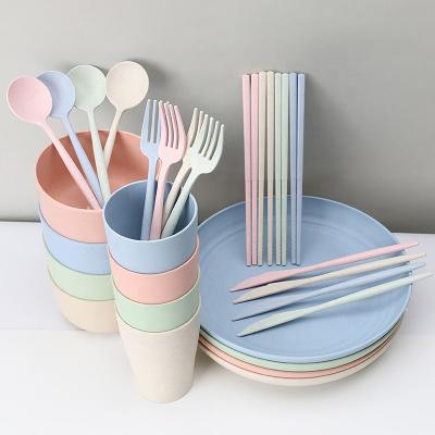 China Viable BPA Free Plastic Cutlery 28pcs Spoon Fork Kits Roll Cups Dishes Wheat Straw Household Tableware Dinnerware Sets Dish for sale