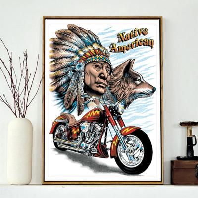 China Modern Round Diamond Painting Full Diamond DIY Diamond Embroidery Cartoon Pattern Kit 5d Indian Chief Wolf Motorcycle for sale