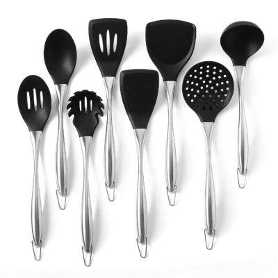 China Hot Selling Food Grade 8 Piece Silicone Stocked Heat Resistant Cookware Set Durable Kitchen Black Cooking Tools for sale