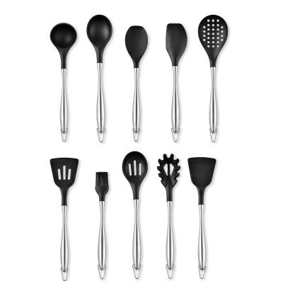 China Modern Black Cookware Stocked Tool Kit 10 Pieces Black Stainless Steel Multi Shaped Handle Custom Silicone Kitchen Utensils for sale