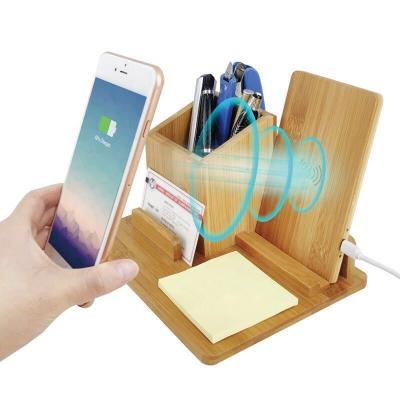 China Multi Function As Fancy Bamboo Pen Storage Holder QI 10W Fast Charging Pencil Stand Desk Organizer Multi Function Nature Desktop Pen Holder Wireless Charger for sale