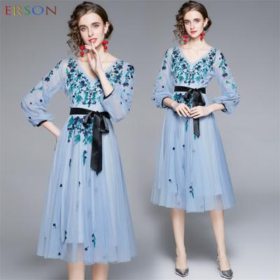 China 2022 Women's Anti-Static Spring and Autumn New Luxury Blue Dress border Mesh Embroidery Flower Dress for sale