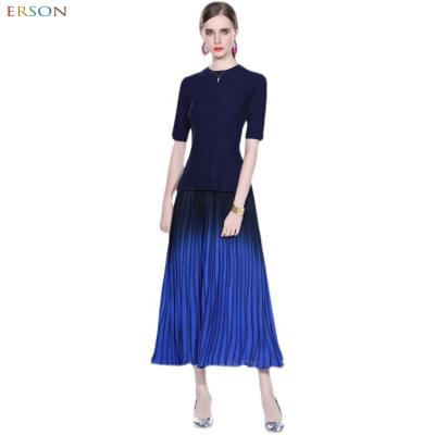 China 2022 New spring anti-static women's clothing temperament round neck short-sleeved knitted top + large swing pleated blooming skirt suit for sale