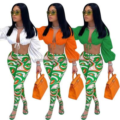 China 2021 wholesale promotion QUICK DRY suits set for women leggings high waist pants women lantern puff sleeve set blouse for sale