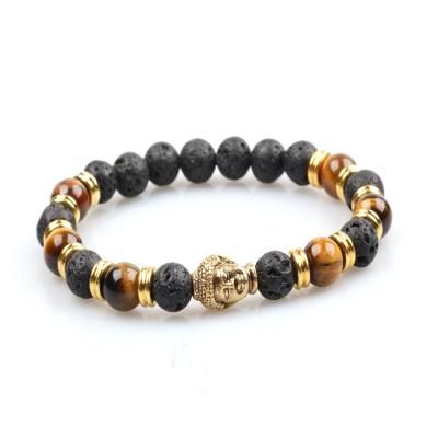 China 2021 Natural Lava Stone Tiger Eye Stone Men's Religious Gold Buddha Bracelets for sale