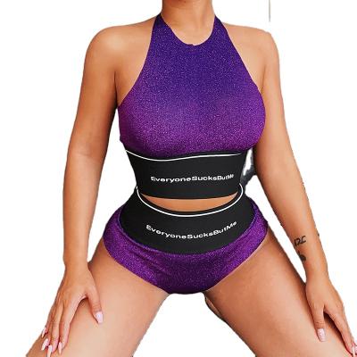 China Breathable Fashion Solid Shiny Knit Sportswear Letter Print Summer 2 Piece Shorts Beach Top Set for sale