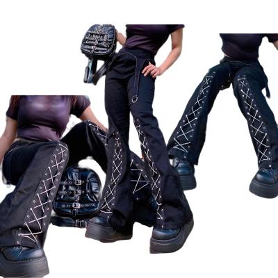 China Viable Black Casual Belt Flared Boot Cut Out Fashion Cross Lace Pants Women Streetwear Pants for sale