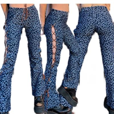 China New Streetwear Breathable Blue Casual Print Side Hollow Out Split Lace Up Bandage Flare Pants for sale