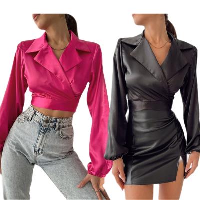 China Breathable Casual Solid Slim Bandage Shirt Top Fashion Women Lapel Long Sleeve Corset Satin Shirt for sale