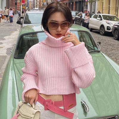 China Breathable Women Pullovers Femme Fashion High Neck Pullovers Sweater Pink Cropped Loose Knitwear Knit Sweater Sueter Mujer Turtle Neck for sale