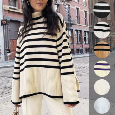 China 2021 Striped Oversized Loose Sweater Women Turtle Neck Breathable Pullovers Autumn Pullover Hem Slit Loose Long Sleeve Sweater Women for sale