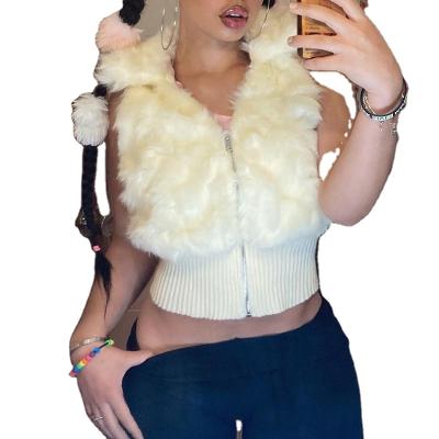 China Winter Sleeveless Patchwork Zipper Solid Cardigan Tops Warm Fluffy Coat Jackets Wool Fur Vest Women for sale