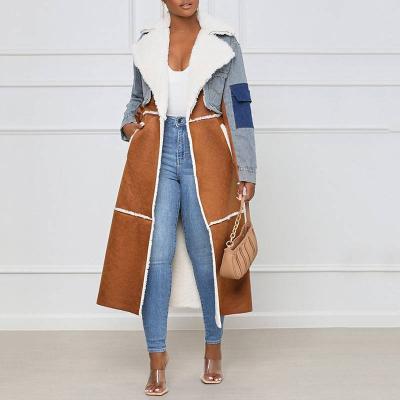 China Women's Breathable Winter Thick Denim Full Sleeve Turn Down Coated Collar Patchwork Woolen Coat Long Female for sale