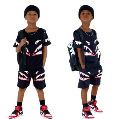 China Summer Fashion Kids Streetwear Cotton Cartoon Shark Print Kids Casual T-shirt and Short Boys Clothing Sets for sale