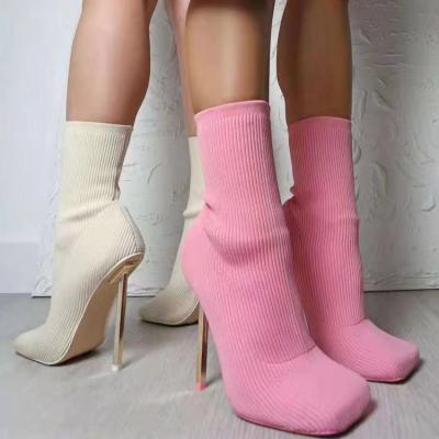 China Fashion Trend New Size 43 Women Adjust Toe Stretch Winter High Heels Boots Candy Color Stiletto Knitted for sale