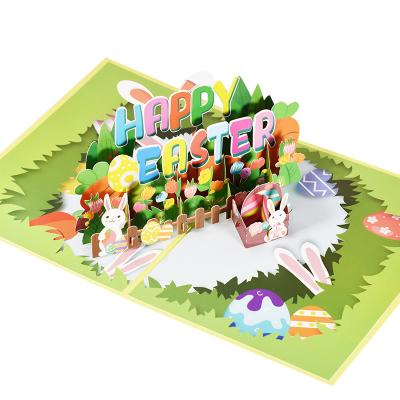 China Europe Easter 3D Greeting Card Holiday Blessing Greeting Card Rabbit And Colorful Egg Greeting Card Wholesale for sale