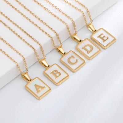 China 18K Gold Stainless Steel 26 Letter Punk Necklace For Women Rectangle White Shell Alphabet Pendant Necklace for sale