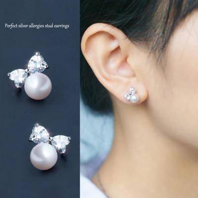 China Romantic 925 Sterling Silver Bow Stud Earrings S925 Diamond Stud Earrings Girl's Silver Anti Allergy for sale