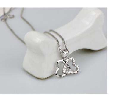 China Fashionable Wholesale Charm 925 Sterling Silver Double Heart Necklace With Diamond Pendant For Vacation Travel for sale