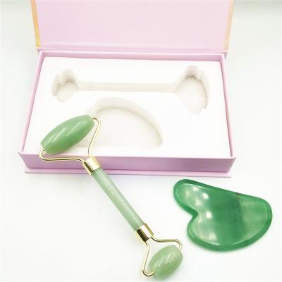 China Silent Natural Green Jade Face Lift Face Roller For Face Massage With Guasha Board Set For Anti Aging for sale