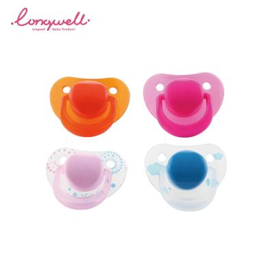 China Bpa Ningbo Longwell Bpa Free Pacifier Logo Color Food Grade pp Baby Soother Silicone Free Infant Soft Teat Nipples for sale