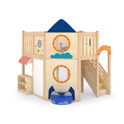 China High Quality Moetry Rocket Kids Play House Loft Blue Indoor Playground Wooden Indoor Playhouse with Slide for Kindergarten for sale