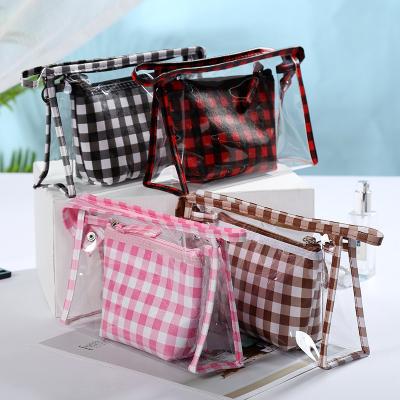 China Cosmetic Tools Storage Bag PVC 2 Sizes Clear Bags Set Kite Plaid Design Travel Makeup Tools Bag For Cosmetic Brush Tools for sale