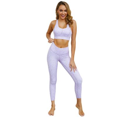 China Breathable two-piece purple leopard print yoga jumpsuit sports bra ladies girls and woman fitness set leggings for sale