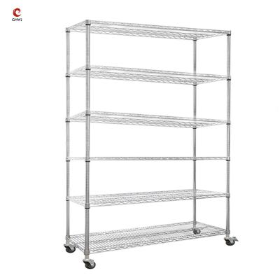 China Adjustable 6 Layers Roll Out Wire Mesh Rack Trolley Stainless Steel Plated Antistatic Carbon Steel With Movable Wheels Mesh Metal Shelf for sale