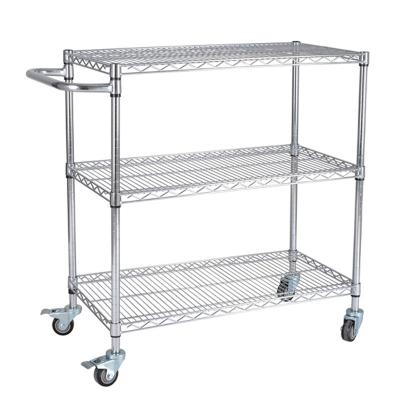 China Adjustable Three Layer Chrome Wire Mesh Trolley With Handle Stainless Steel Antistatic Turnaround Truck Logistics Trolley for sale