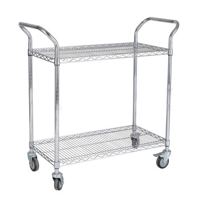 China Adjustable Carbon Steel Chrome Plated Wire Mesh Trolley Two Layers Trolley Storage Cart for sale