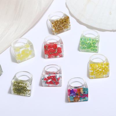 China 2021 Fashion New Design Colorful Beads Inside Resin Ring Transparent Square Acrylic Big Ring For Party for sale