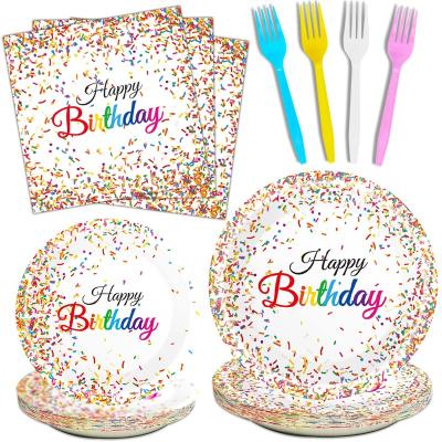 China Happy Birthday Disposable Dishes and Napkins Party Supplies for Confetti Sprinkles Theme Table Decorations Birthday Party Pastel Tableware for sale