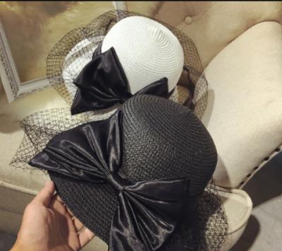 China New Picture Style Bowknot Net Yarn Temperament Ladies Sun Shade And Sunscreen Straw Fisherman Hat For Outing Beach Hat for sale