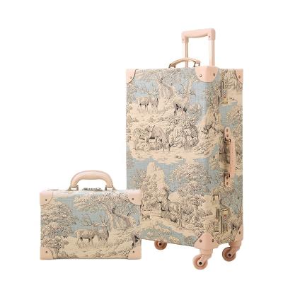 China Old Premium Quality Vintage Fabric Travel Trolley Luggage With Combination Lock Rolling Suitcases With Spinner Wheels for sale