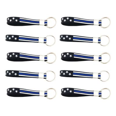 China Thin Silicone Bracelet American Flag Key Chain Wristband Promotion Blue Line Key Chain for sale