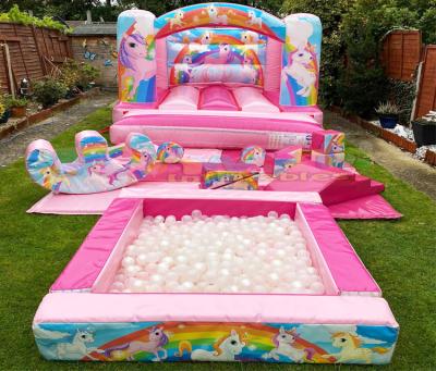 China Entertainment Outdoor backyard indoor playgrounds softplay kids bouncing house inflatable unicorn bouncy castle with ball pit for sale